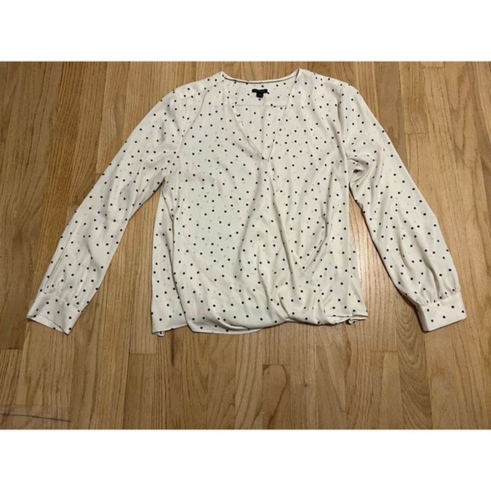 Ann Taylor Polka Dot Surplice Blouse White Black‎ Wrap Front V-Neck Top Large